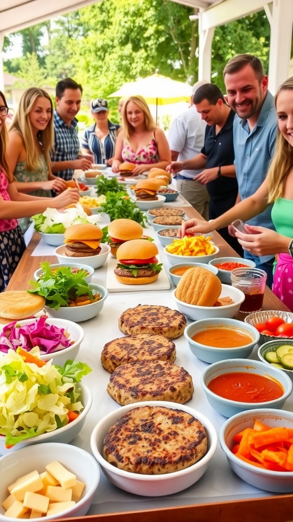 A lively burger bar with grilled patties and fresh toppings in an outdoor setting.